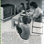 A picture that looks like it was originally on a news paper of a family playing the magnavox odyssey on their home tv.